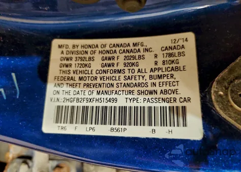 2015 Honda Civic Exl from USA, damaged, VIN 2HGFB2F9XFH515499